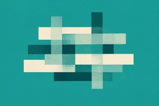 Composition abstraite de bandes rectangulaires empilées et superposées en différentes opacités sur fond bleu-vert uni, évoquant la superposition et l’organisation structurée d’informations éditoriales.