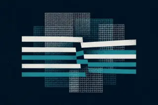 Composition centrale de bandes et de grilles géométriques qui se décalent et s'interrompent brusquement, sur fond bleu foncé, évoquant la notion de rupture ou d'altération dans la continuité d'une information.