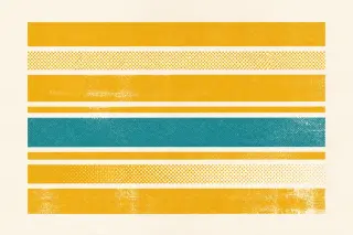 Des bandes horizontales abstraites de différentes épaisseurs, une bande accentuée au milieu ; la composition suggère des couches successives ou des ajouts visibles, dans une texture granuleuse de poster imprimé.