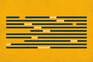 Des bandes horizontales parallèles, régulières mais parfois interrompues ou superposées, évoquent la fiabilité d'une chronologie structurée et suivie dans le temps, sur fond jaune moutarde texturé façon sérigraphie.