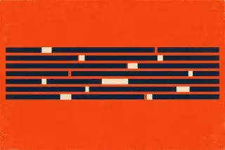 Des bandes parallèles bleu marine traversent un fond orange vif, interrompues par de petites coupures irrégulières ; la composition évoque l'analyse des traces laissées ou absentes dans des journaux de serveur.