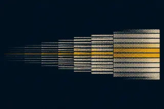 Des bandes parallèles horizontales de différentes épaisseurs traversent un fond bleu marine profond, avec des accents jaune moutarde marquant des étapes, évoquant une chronologie structurée et l’enchaînement de jalons réglementaires.