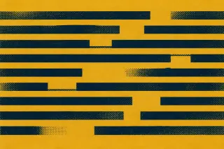 Des bandes parallèles irrégulièrement interrompues sur fond jaune moutarde évoquent des règles fragmentées et l'absence de seuil ou de ligne continue, dans une composition graphique à la texture granuleuse et imprimée.