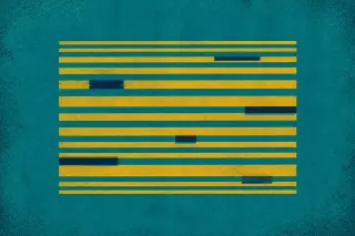 Des bandes parallèles jaune moutarde se répètent sur un fond teal, leur régularité évoquant la répétition méthodique de mesures, tandis que des accents bleu marine suggèrent des variations dans la séquence, le tout sur une texture de sérigraphie granuleus
