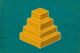 Des blocs isométriques abstraits, empilés en motif central avec de l’espace vide autour, évoquent la superposition claire et structurée des informations à extraire, la palette se limite au jaune moutarde et au teal, avec une forte texture d’impression.