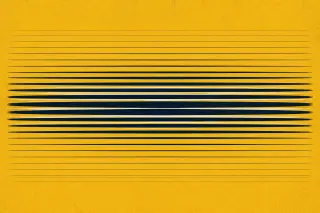 Des lignes parallèles s’intensifient vers le centre sur un fond jaune moutarde, suggérant la mesure précise et l’accent mis sur ce qui est bien quantifié, avec une texture granuleuse comme une impression sur papier.