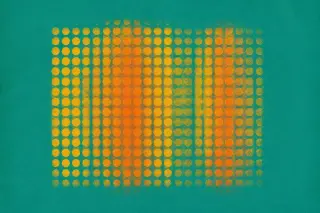 Des points disposés en grille régulière sur un fond bleu sarcelle, traversés par des bandes verticales orangées qui modulent leur densité, suggérant des zones d'observation et de mesure sur un flux de données abstrait.