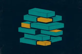 Empilement abstrait de blocs isométriques décalés sur fond bleu nuit, suggérant une superposition de règles et la cohabitation de plusieurs cadres sans qu’aucun ne s’impose, avec une texture granuleuse rappelant la sérigraphie.