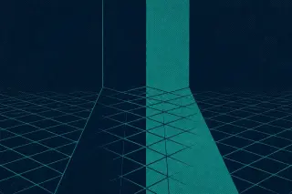 Deux grandes bandes verticales bleu marine et bleu sarcelle, séparées par une grille géométrique qui décale ses lignes au centre, image de deux voies parallèles mais distinctes, avec un fort effet de trame imprimée.