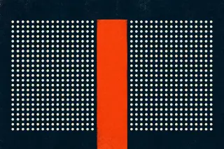 Sur un fond bleu foncé, une trame régulière de points blancs se trouve brusquement interrompue en son centre par une large bande orange, évoquant une interruption nette d’un flux de données.