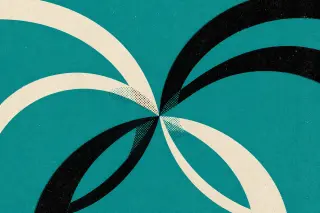Composition abstraite centrée sur quatre arcs concentriques qui se rejoignent en un point, de couleurs vives sur fond bleu sarcelle, chaque arc évoquant l’idée de signaux convergents sous la forme d’un motif géométrique sobre et texturé, avec un fort cont