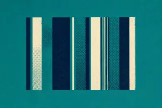 Sur fond bleu sarcelle uni, une série de bandes verticales parallèles et irrégulièrement espacées, en bleu et blanc, avec une trame de points et de légers décalages d’encrage, évoque l’organisation de passages autonomes et lisibles séparément.