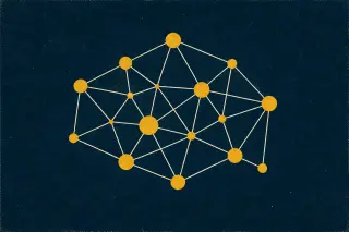 Réseau de lignes blanches reliées par des nœuds jaunes sur fond bleu nuit, évoquant l’idée d’une vérification croisée et d’un contrôle rigoureux des connexions, avec une grande texture de grain imprimé.