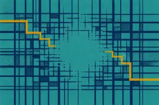 Un motif central composé d’une grille de lignes bleu marine dense sur fond bleu sarcelle, interrompue au centre par un espace plus ouvert et animée par un accent jaune moutarde, évoquant la façon dont un critère formel prime sur l’outil dans l’évaluation