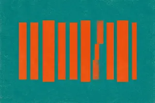 Des bandes verticales orange irrégulières, certaines comme interrompues ou décalées, traversent un fond bleu-vert saturé avec une texture de trame et un fort grain, évoquant l’idée d’une séquence de requêtes analysées et marquées par des anomalies dans un