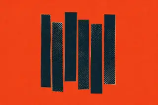 Sur fond orange vif, des bandes parallèles bleu marine se décalent verticalement de façon irrégulière, évoquant la lecture de logs et la lecture de rythmes de requêtes, avec une texture granuleuse et des points en demi-teinte rappelant une impression riso