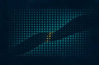 Une composition abstraite sur fond bleu marine, avec une grille de points turquoise traversée en diagonale par une vague de zones vides et pleines, suggérant le passage ou l’effacement de marques numériques ; l’ensemble rappelle le filtrage de l’informati
