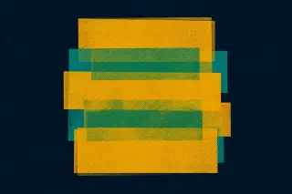 Des rectangles empilés et superposés de couleurs vives sur fond bleu marine profond, évoquant la structure hiérarchique et la superposition d’informations nécessaires à la citation par les IA, dans une composition abstraite inspirée des textures de l’impr