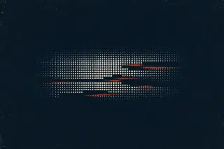 Grande grille de points blancs sur fond bleu marine, qui se densifie en quelques zones puis s’interrompt brusquement par des vides iréguliers marqués d’un accent orange, suggérant l’analyse de flux et la détection d’anomalies dans une séquence régulière.
