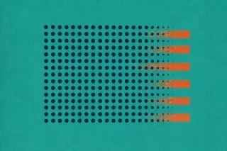 Motif abstrait centré composé d'une grille de points bleus réguliers sur fond teal, interrompue par bandes orange pour évoquer la possibilité de ralentir ou bloquer certains flux dans un ensemble, le tout avec un grain marqué et une texture de papier impr