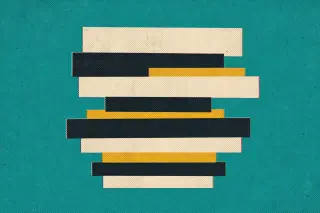 Motif géométrique central de rectangles empilés et légèrement décalés, en aplat bleu sarcelle avec des accents blanc cassé et jaune, évoquant la structure ordonnée et segmentée d’une base de connaissances bien organisée.