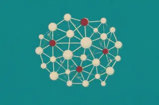 Réseau central de lignes reliées par des nœuds, évoquant le maillage sémantique automatisé entre articles, avec de larges marges et une texture imprimée granuleuse.