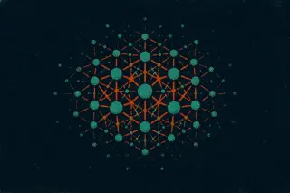 Réseau de lignes reliées par des nœuds formant une trame centrale dense, évoquant l’organisation et la clarté des relations structurées sur fond bleu marine foncé, avec une texture granuleuse d’impression.