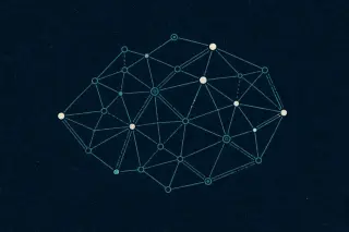 Réseau géométrique abstrait composé de lignes et de nœuds sur fond bleu marine, évoquant la vérification croisée d’informations et de relations.