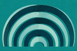 Six arcs concentriques et légèrement décalés s'ouvrent depuis un centre commun sur fond vert sarcelle uni, suggérant diverses branches issues d'une même question de départ, avec une forte texture d'impression et beaucoup d'espace autour du motif.