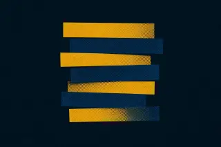 Sous une vaste surface bleu marine, des bandes rectangulaires jaunes et bleu foncé s’empilent et se décalent, suggérant l’organisation structurée et la hiérarchisation nette d’un contenu éditorial, avec une texture de points rappelant la sérigraphie.