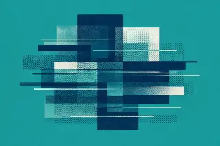 Sur un fond teal uni, une composition abstraite montre des bandes et rectangles superposés avec un fort grain imprimé, évoquant la superposition et la structuration de contenus à différents niveaux, en référence à l’optimisation pour les moteurs génératif