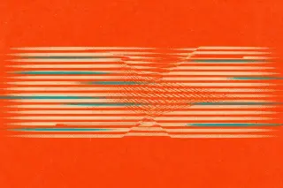 Un motif central de bandes parallèles orange intense, traversées par quelques lignes bleu sarcelle, évoque un flux dense où certains éléments sont filtrés ou analysés ; ensemble sur fond uni, avec texture grainée rappelant une sérigraphie.