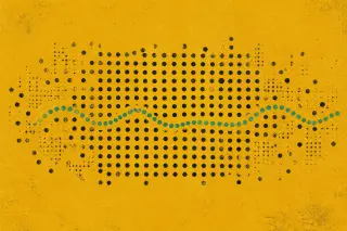 Un réseau central de points alignés sur fond jaune moutarde forme une grille qui s'effrite vers les bords, évoquant la dispersion et la variabilité des mesures en contexte instable.