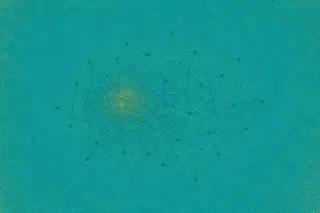 Un réseau géométrique de lignes fines et de nœuds forme une trame plus dense près du centre, suggérant l'organisation progressive d'un maillage structuré, sur fond uni bleu canard avec quelques accents jaune moutarde.