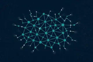 Une composition abstraite centrée montre un réseau géométrique de lignes reliées par des nœuds, dont plusieurs connexions se brisent ou s’interrompent vers les bords, évoquant la sélectivité dans l’accès des robots aux contenus.