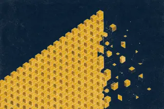 Une grille abstraite de blocs jaunes isométriques se densifie puis s’interrompt brusquement sur un fond bleu marine, suggérant la sévérité potentielle mais incertaine des sanctions et l’imprévisibilité de leur application.