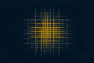 Une grille centrale de lignes blanches renforcée par des barres opaques jaune moutarde, sur fond bleu marine profond, symbolisant la validation structurée et la responsabilité claire dans un contexte de conformité réglementaire.